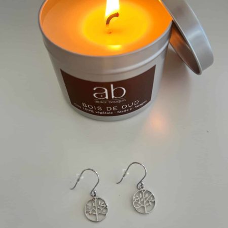 Bougie bijou parfumée - Boucles d'oreille argent rhodié Arbre de Vie